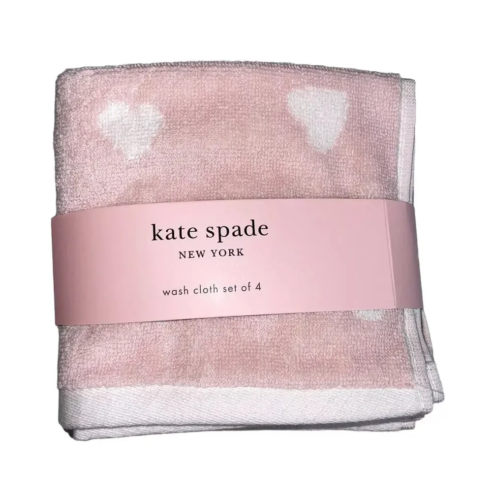 Kate Spade Pastel Pink White Hearts Cotton Wash Cloths 13x13 Set of 4 NEW